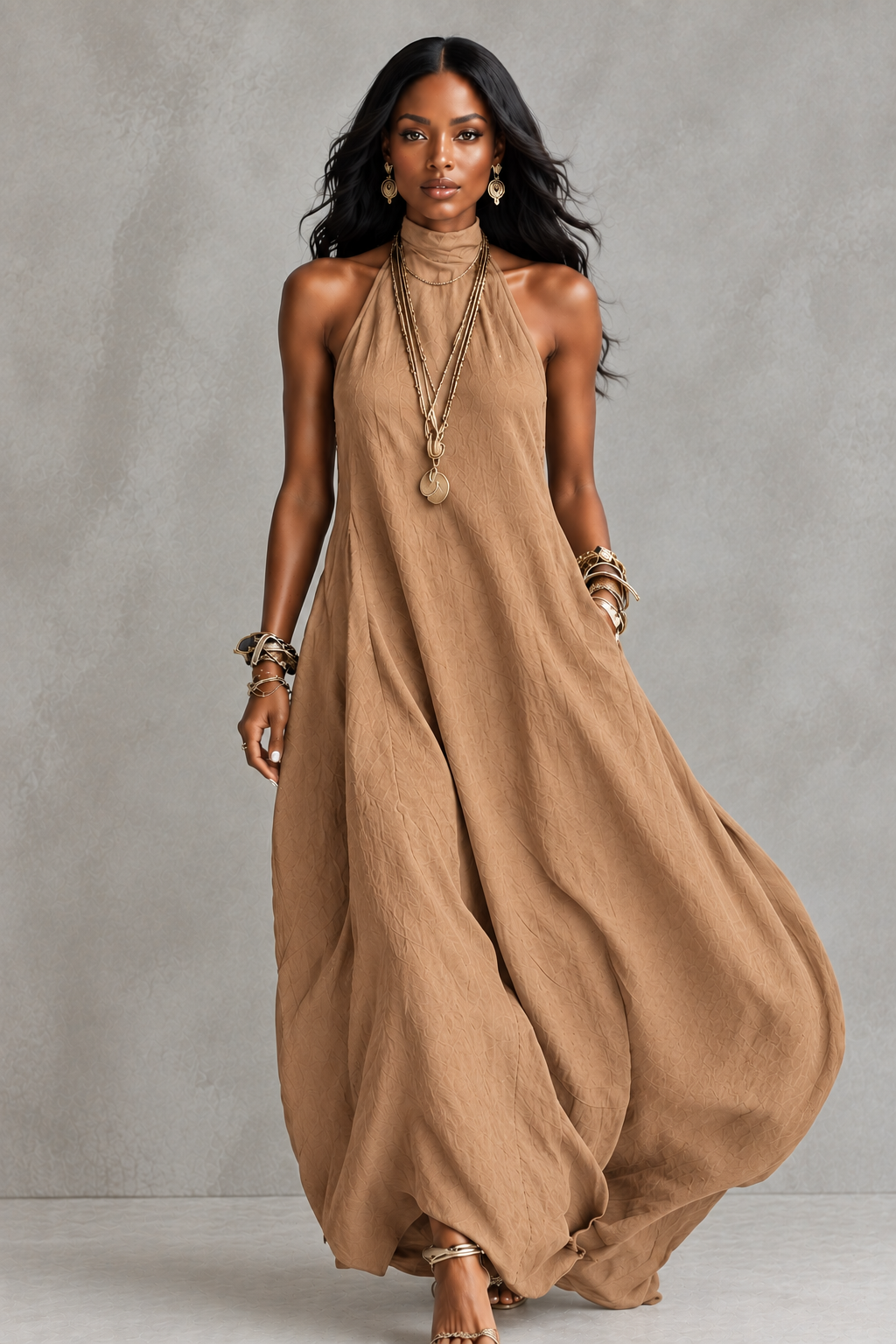 Off-shoulder Loose-fitting Maxi Womens Halterneck Dress