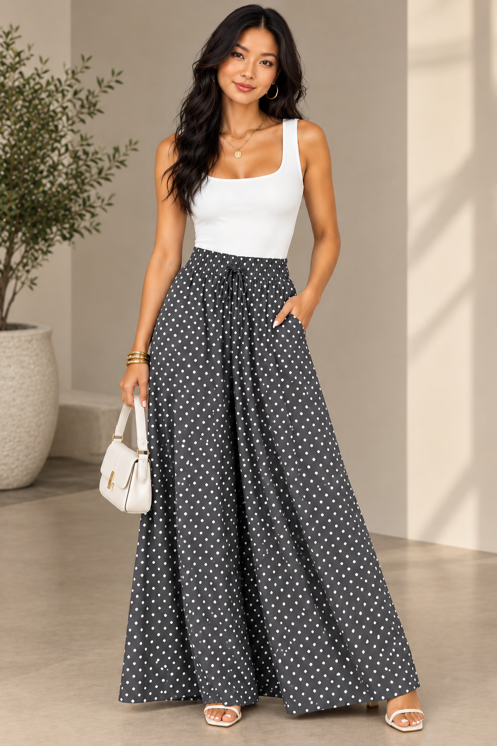 Polka Dot Print Trousers Fashion Loose Elastic Waist Wide-leg Pants Women's Clothing
