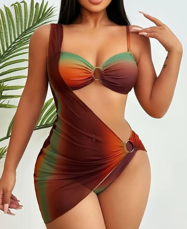 Women's ombre rust green 3-piece swimsuit set with ring detail bikini top and asymmetric wrap skirt – Blutiful