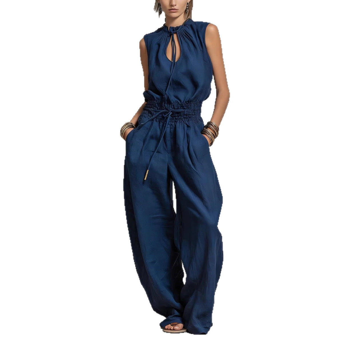  Women's navy blue sleeveless wide-leg jumpsuit front view on white background – Blutiful
