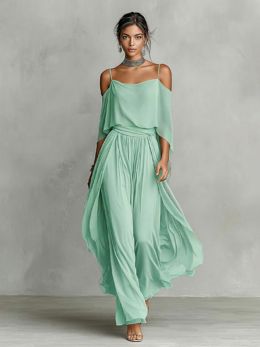 Women's sage green chiffon cold-shoulder maxi dress with spaghetti straps and draped overlay, front view – BlutifulWomen's sage green chiffon cold-shoulder maxi dress with spaghetti straps and draped overlay, front view – Blutiful