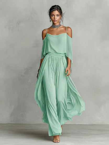 Women's sage green chiffon cold-shoulder maxi dress with spaghetti straps and draped overlay, front view – BlutifulWomen's sage green chiffon cold-shoulder maxi dress with spaghetti straps and draped overlay, front view – Blutiful