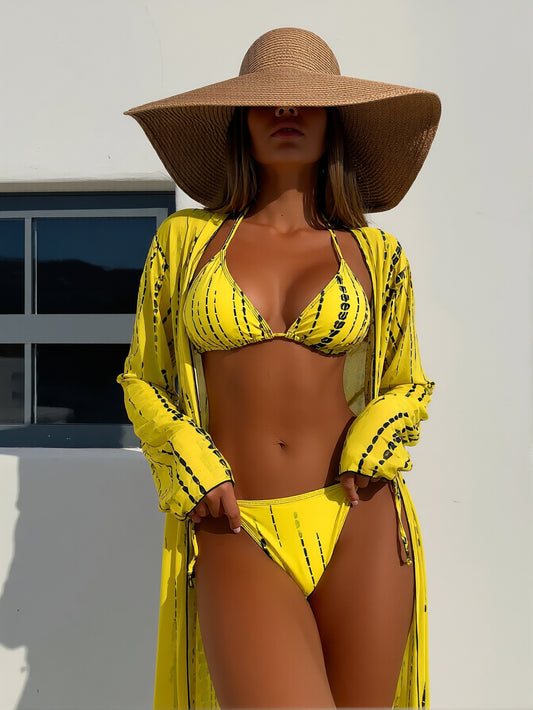 Women's 3-piece tropical print swimsuit set with triangle bikini top and floral leopard maxi skirt coverup – Blutiful