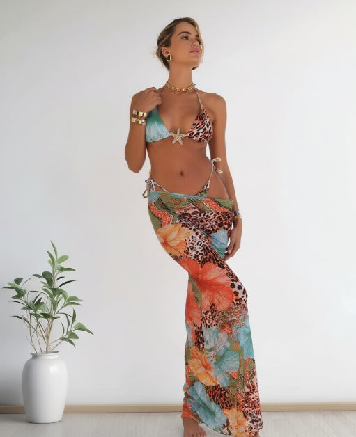 Women's 3-piece tropical print swimsuit set with triangle bikini top and floral leopard maxi skirt coverup – Blutiful