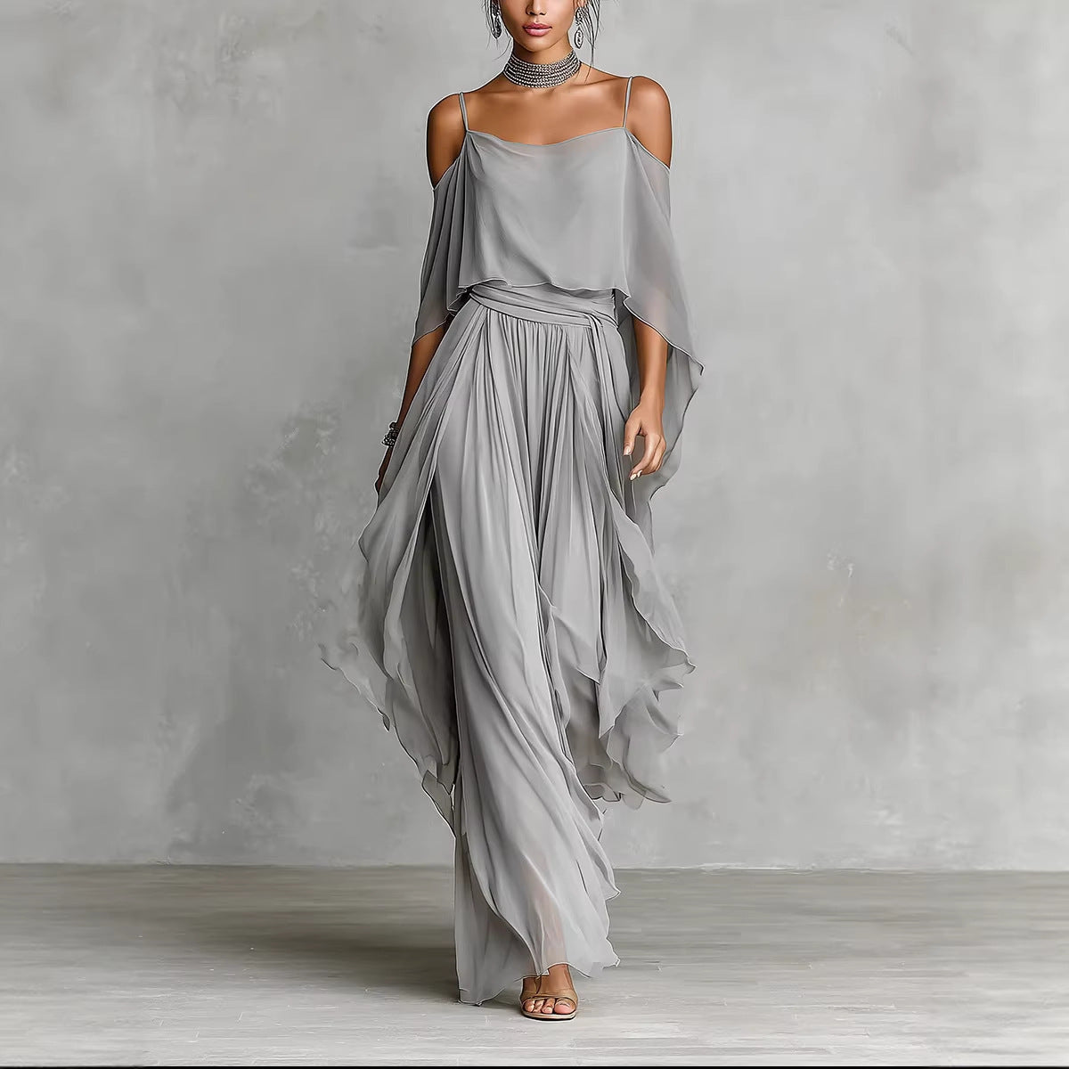 Women's light gray chiffon cold-shoulder maxi dress with spaghetti straps and ruffled overlay, front view – Blutiful
