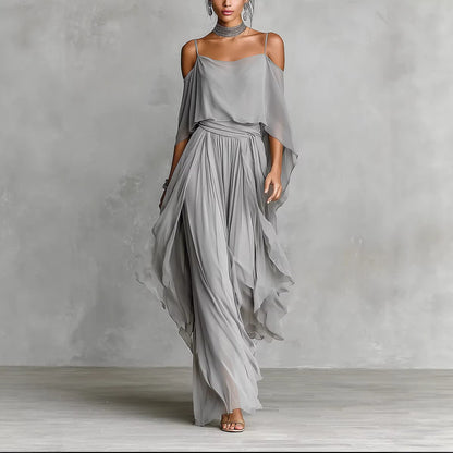 Women's light gray chiffon cold-shoulder maxi dress with spaghetti straps and ruffled overlay, front view – Blutiful