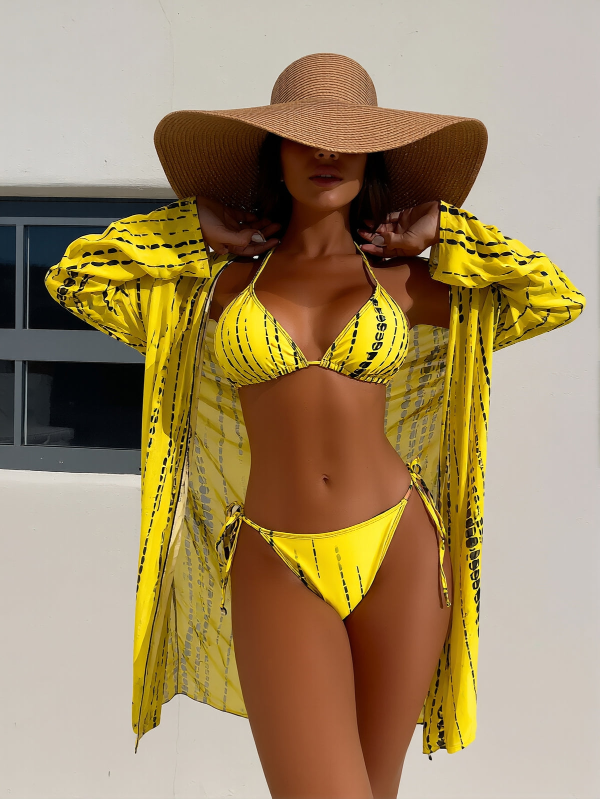  Women's 3-piece tropical print swimsuit set with triangle bikini top and floral leopard maxi skirt coverup – Blutiful