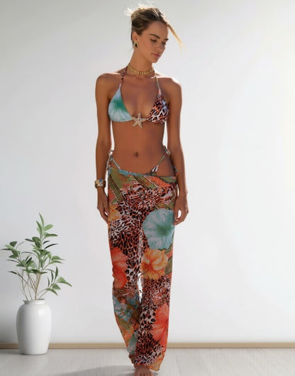 Women's 3-piece tropical print swimsuit set with triangle bikini top and floral leopard maxi skirt coverup – Blutiful