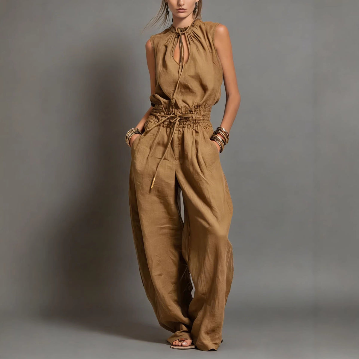 Camel tan: Women's camel tan sleeveless wide-leg jumpsuit with keyhole neckline and drawstring waist – Blutiful

