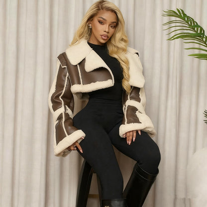 Women's brown PU leather crop moto jacket with oversized shearling fur collar and cuffs – Blutiful
