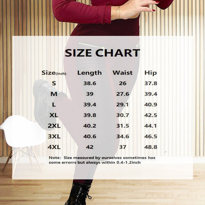 Person wearing a burgundy dress with a size chart overlay on a wooden floor.