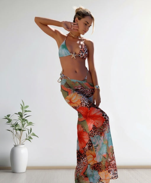 Women's 3-piece tropical print swimsuit set with triangle bikini top and floral leopard maxi skirt coverup – Blutiful