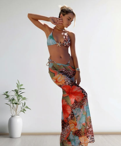 Women's 3-piece tropical print swimsuit set with triangle bikini top and floral leopard maxi skirt coverup – Blutiful