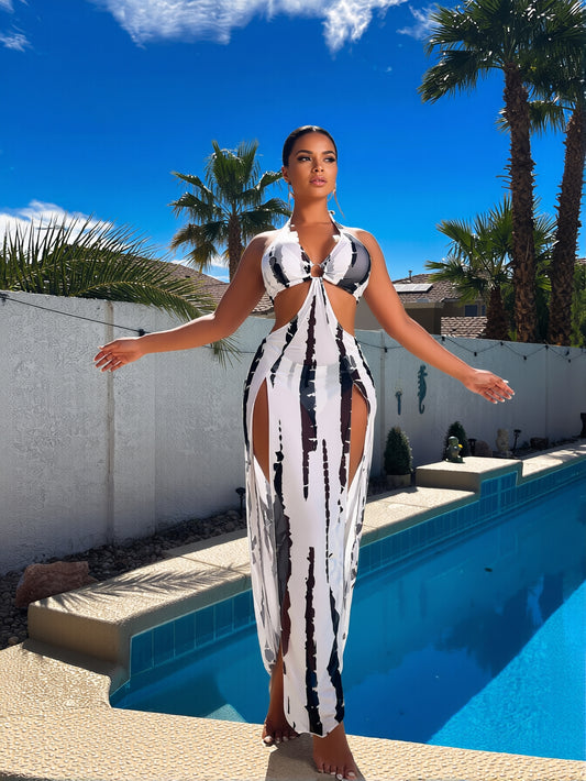 Women's black and white tie-dye halter maxi coverup dress with ring cutout and side slit, poolside – Blutiful