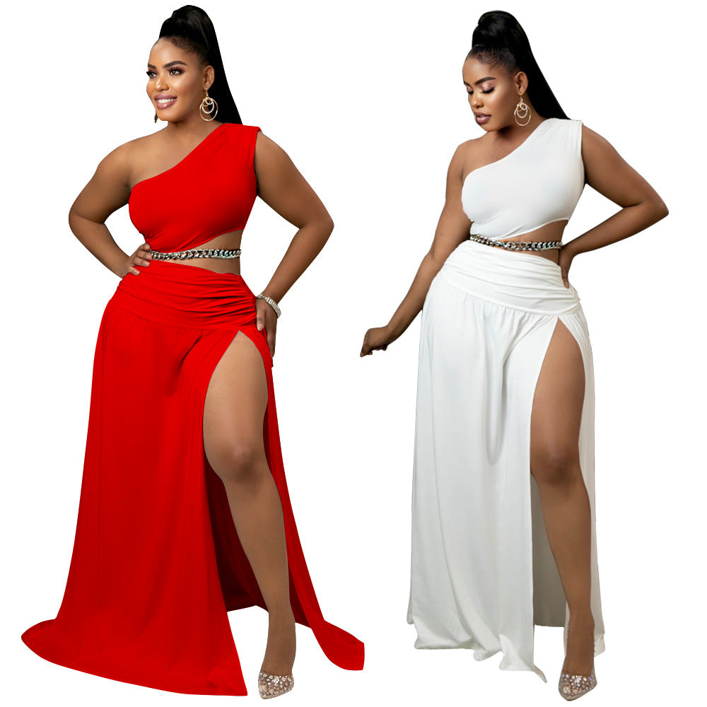 Two women wearing one-shoulder evening gowns, one red and one white, on a white background.