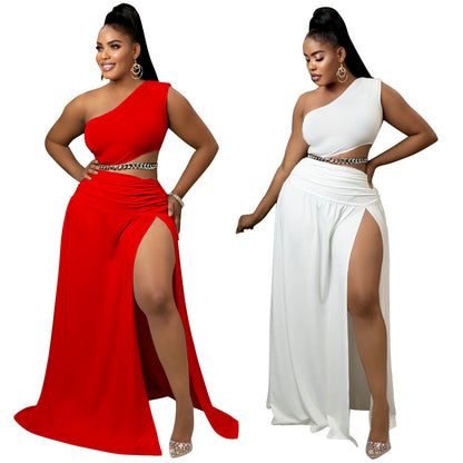 Two women wearing one-shoulder evening gowns, one red and one white, on a white background.