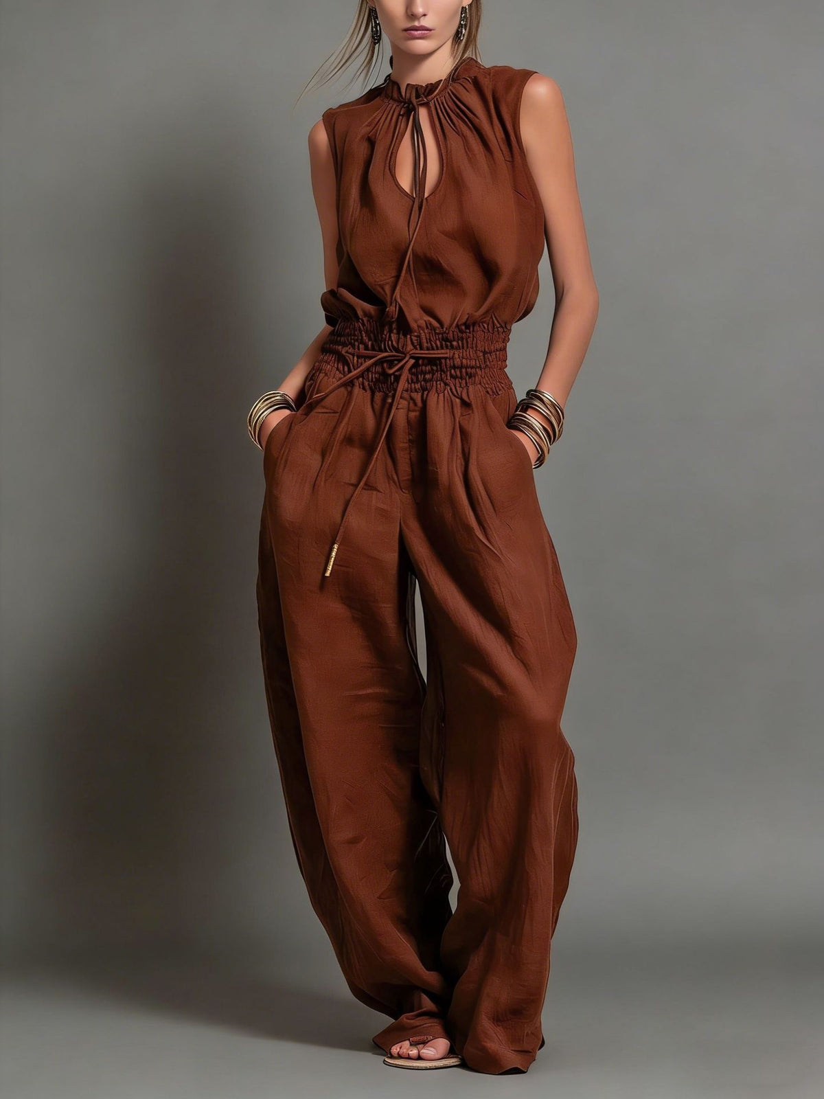 Women's rust brown sleeveless wide-leg jumpsuit with keyhole neckline and drawstring waist – Blutiful