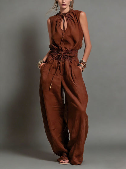 Women's rust brown sleeveless wide-leg jumpsuit with keyhole neckline and drawstring waist – Blutiful