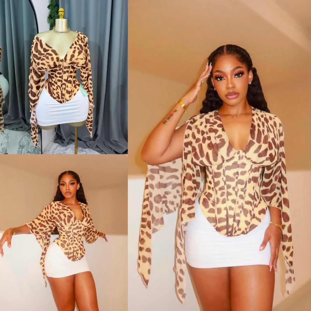 The brown animal-print V-neck waist-cinching top shown from multiple angles, including a mannequin view of the seamed bodice and draped sleeves