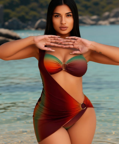 (Front, arms raised, beach) — Women's ombre rust green 3-piece swimsuit set with ring detail bikini top and wrap skirt – Blutiful
