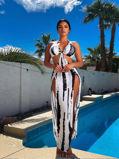 Women's black and white tie-dye halter maxi coverup dress with ring cutout and side slit, poolside – Blutiful