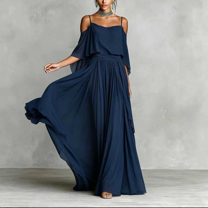 Women's navy blue chiffon cold-shoulder maxi dress with spaghetti straps and draped overlay, flowing skirt – Blutiful