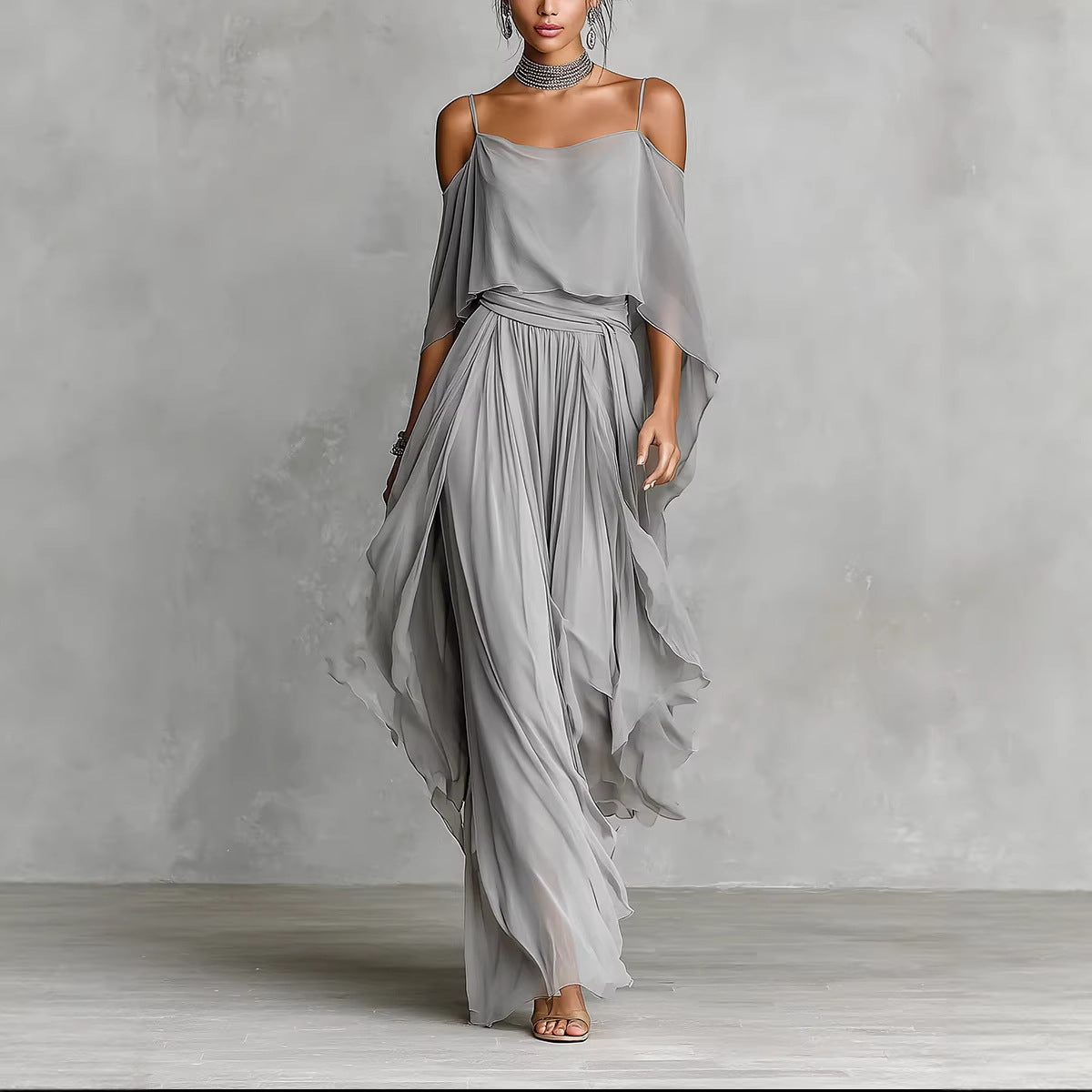 Women's light gray chiffon cold-shoulder maxi dress with spaghetti straps and ruffled overlay, front view – Blutiful