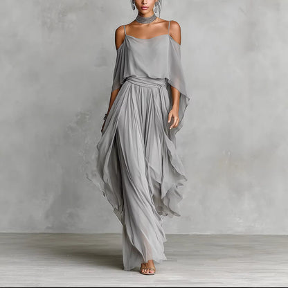 Women's light gray chiffon cold-shoulder maxi dress with spaghetti straps and ruffled overlay, front view – Blutiful
