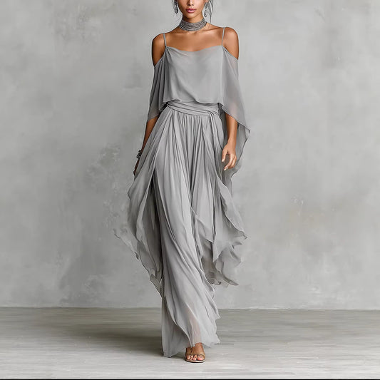 Women's light gray chiffon cold-shoulder maxi dress with spaghetti straps and ruffled overlay, front view – Blutiful