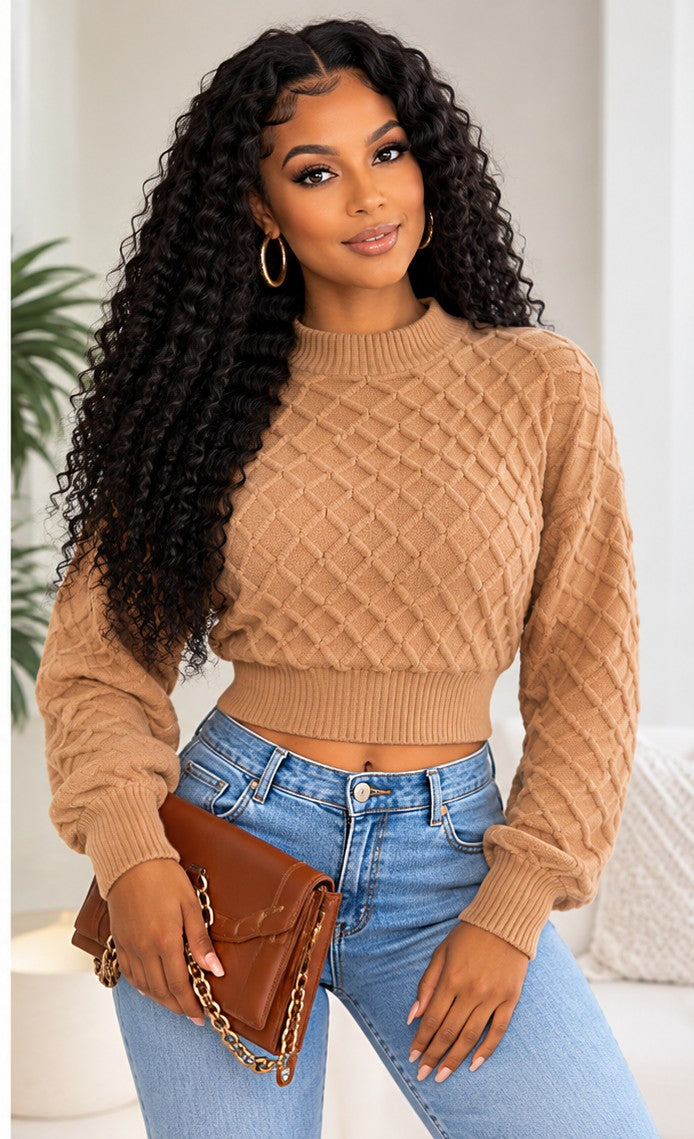 3D Diamond Cropped Knit Sweater