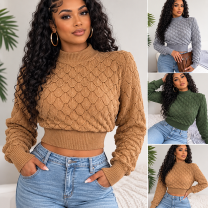 Autumn And Winter 3D Diamond Long-Sleeve Cropped Knit Sweater