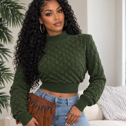 Autumn And Winter 3D Diamond Long-Sleeve Cropped Knit Sweater