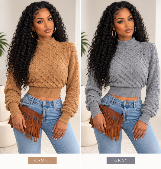 Autumn And Winter 3D Diamond Long-Sleeve Cropped Knit Sweater