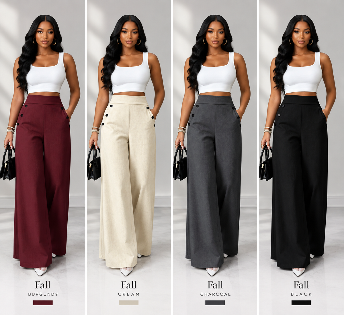Four models shown side by side wearing wide-leg cropped pants in four colorways: burgundy, cream, charcoal, and black. Each model wears a white crop top and holds a black handbag.