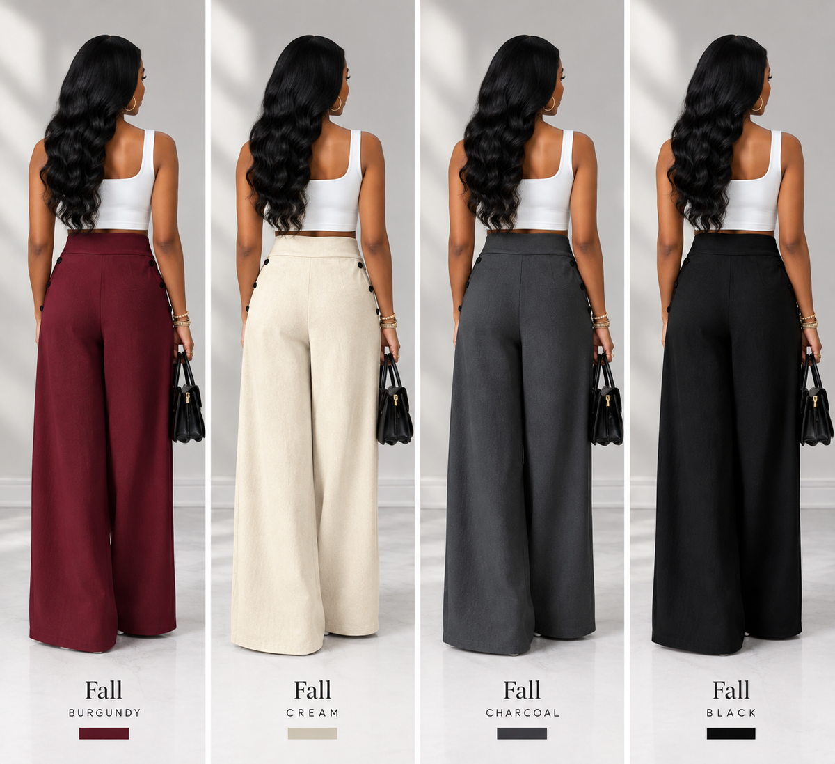 Four women shown from the back wearing wide-leg cropped pants in four colorways: burgundy, cream, charcoal, and black. Each model wears a white sleeveless crop top and carries a black handbag.