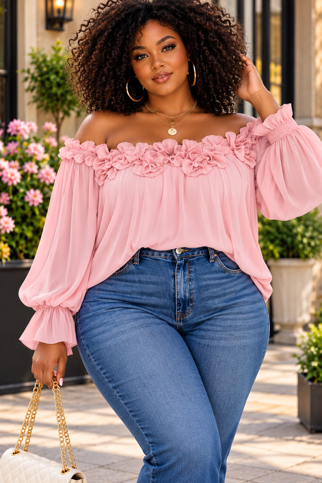 Off-Shoulder Ruffle-Sleeve Blouse