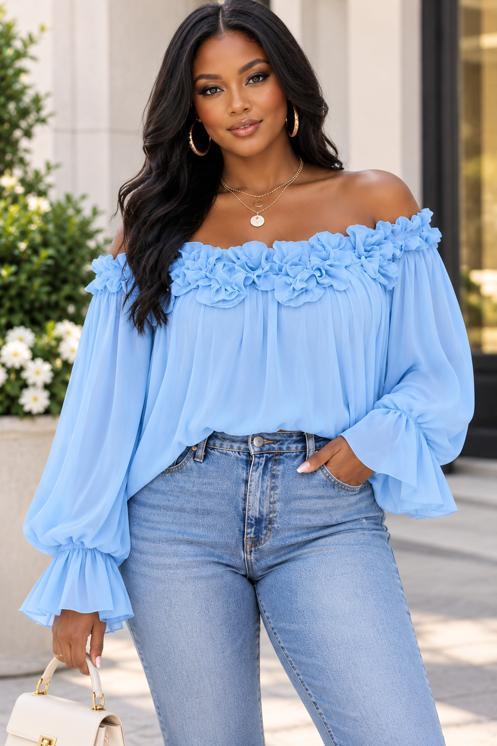 Off-Shoulder Ruffle-Sleeve Blouse