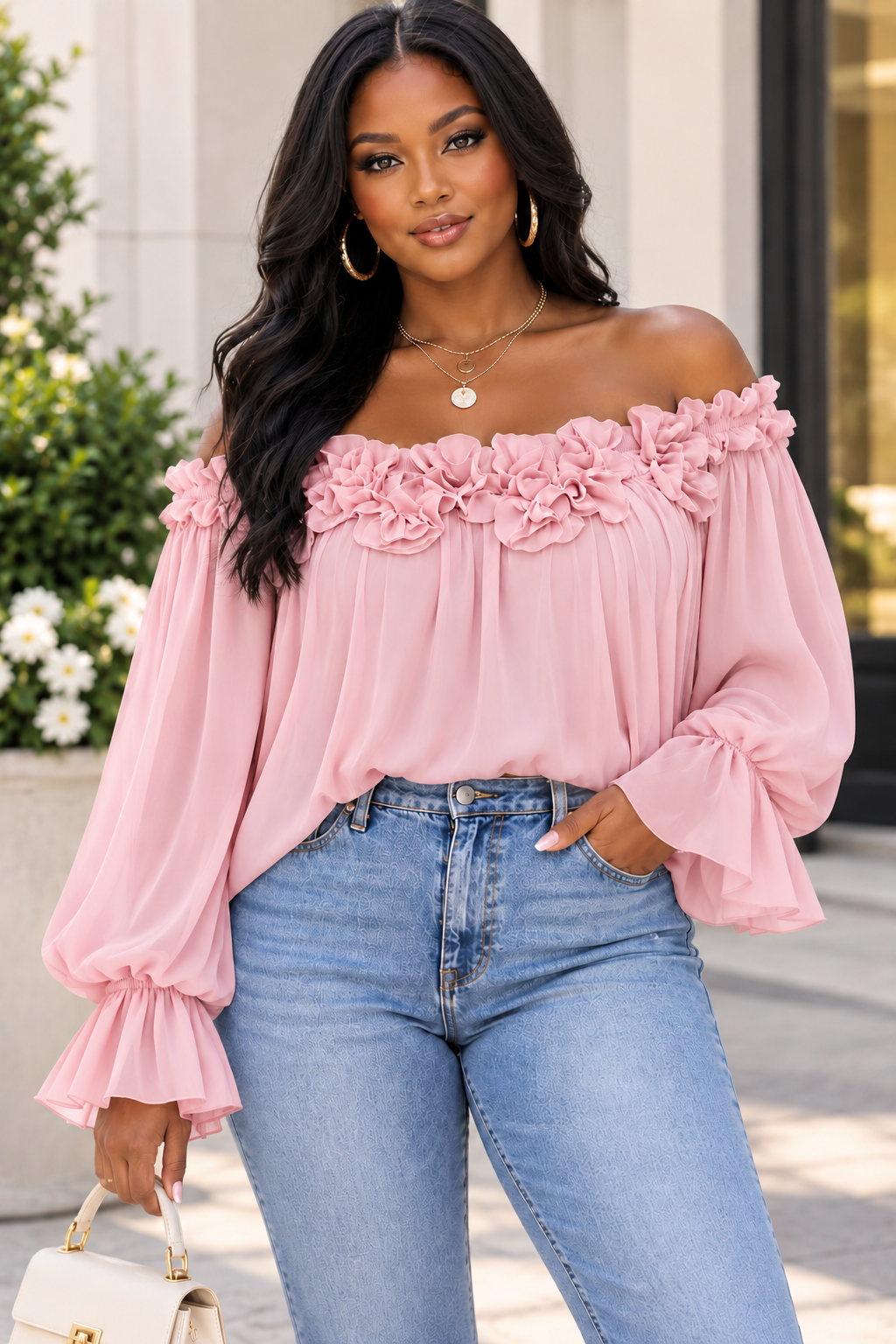 Off-Shoulder Ruffle-Sleeve Blouse