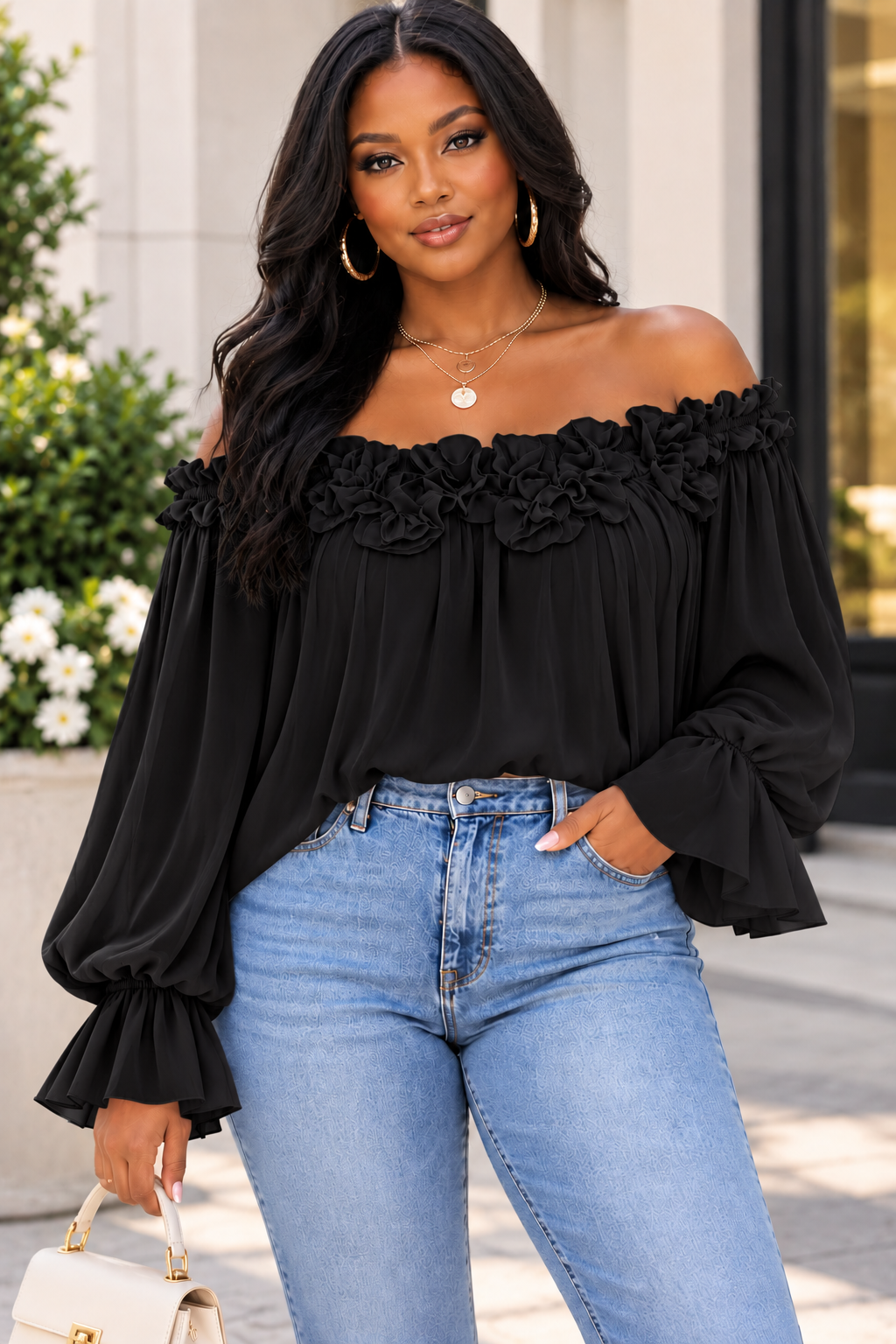 Off-Shoulder Ruffle-Sleeve Blouse