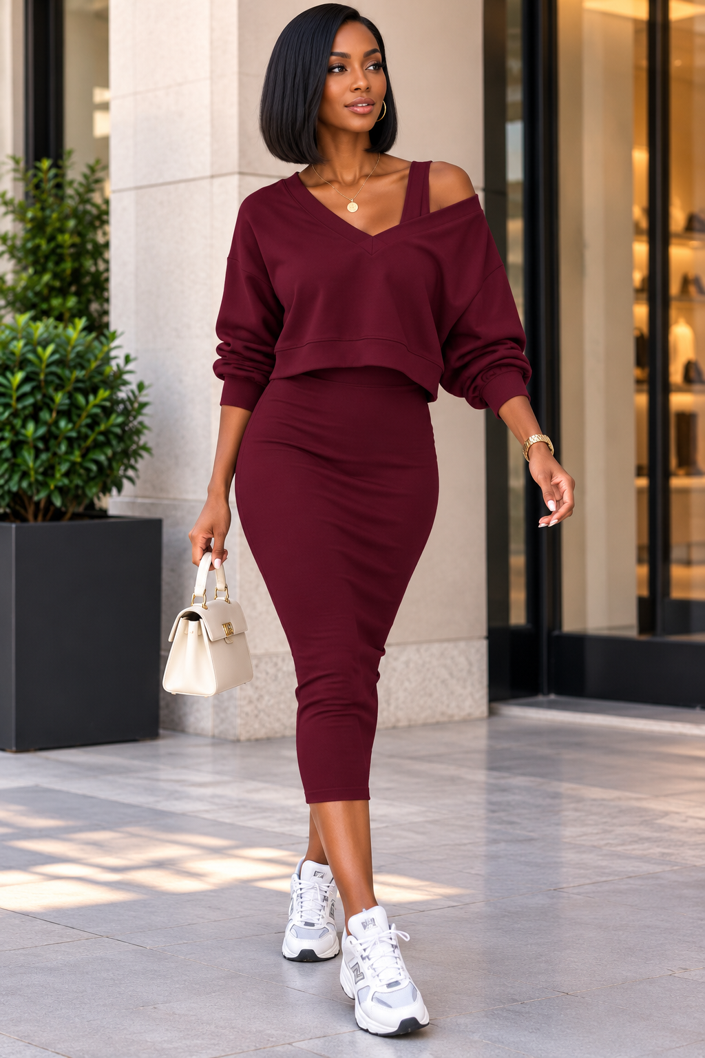 V-Neck Top & Sleeveless Dress Set
