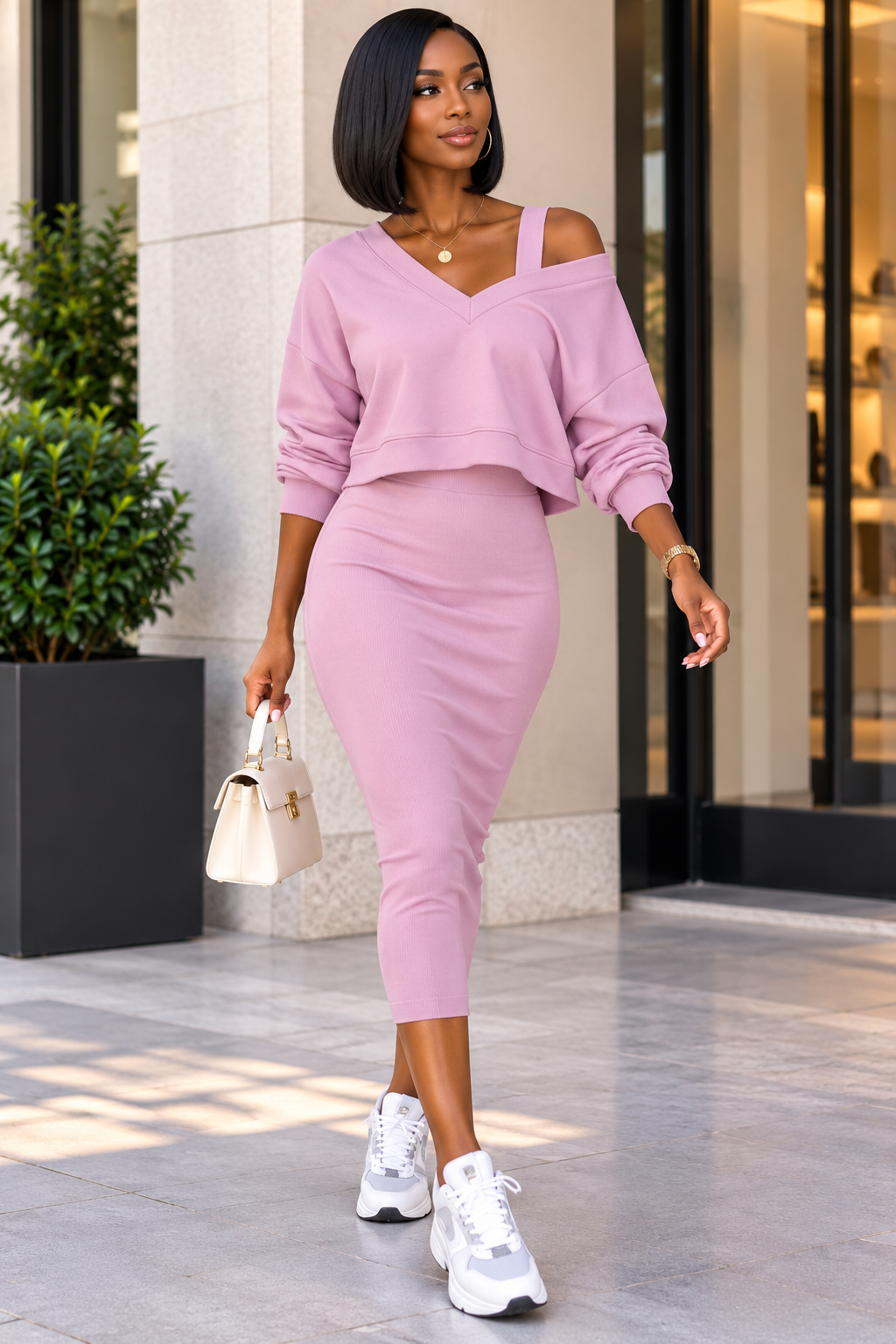 V-Neck Top & Sleeveless Dress Set