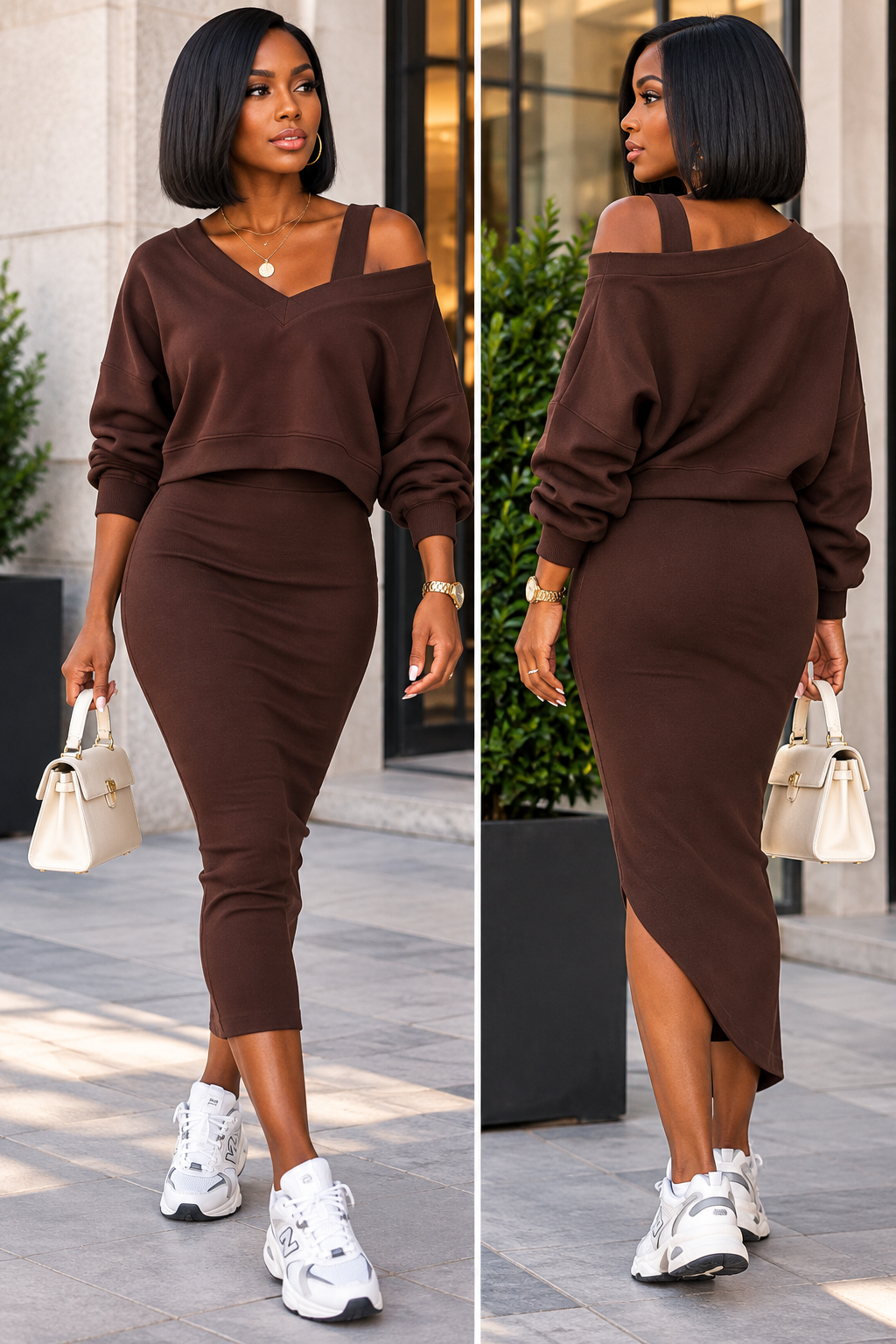 V-Neck Top & Sleeveless Dress Set
