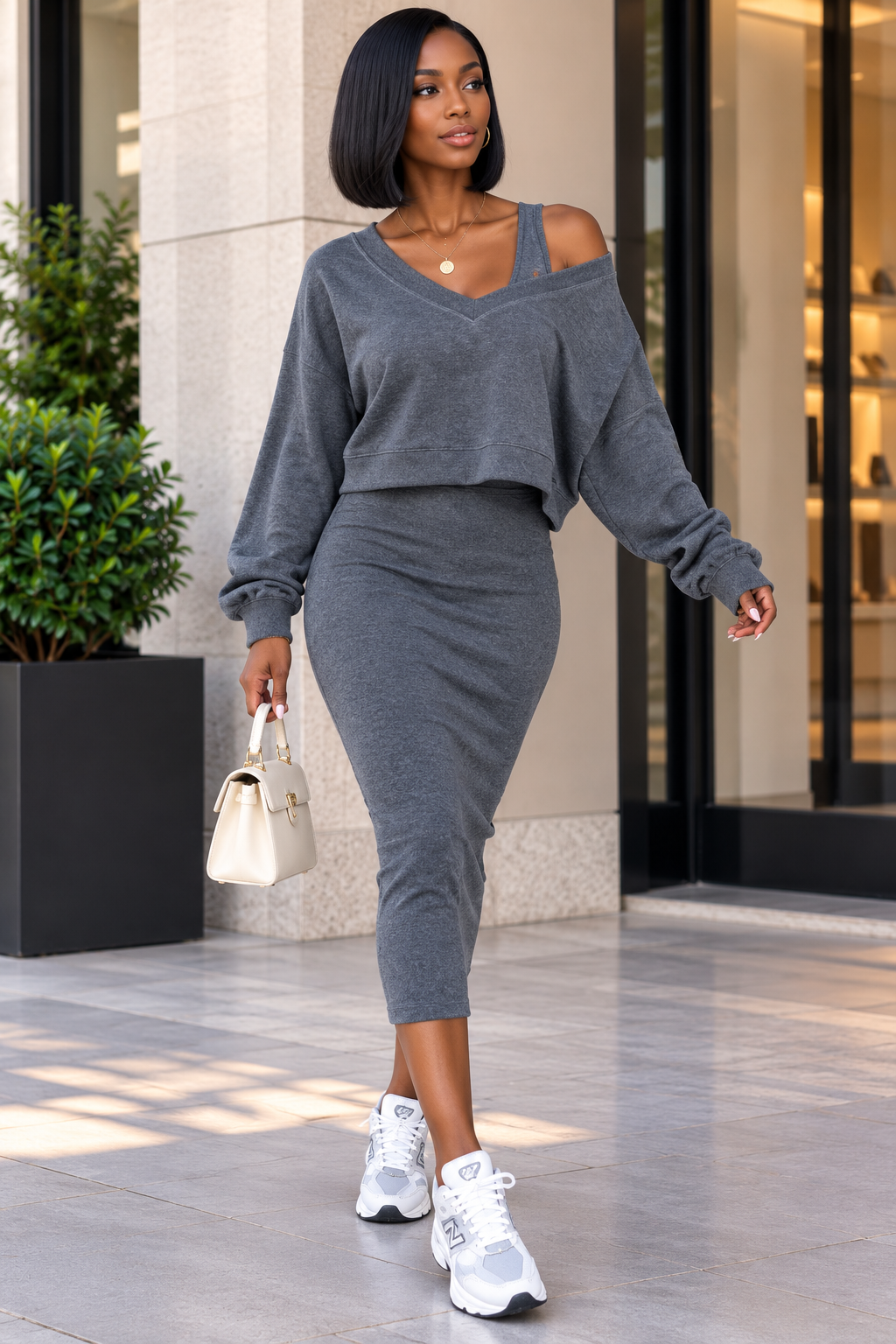 V-Neck Top & Sleeveless Dress Set