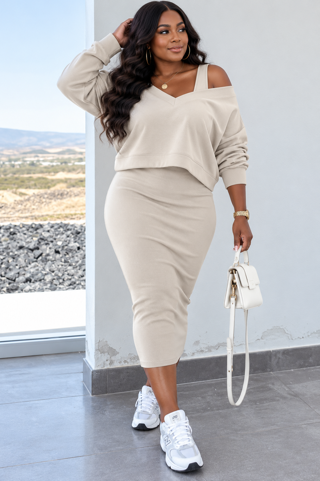 V-Neck Top & Sleeveless Dress Set