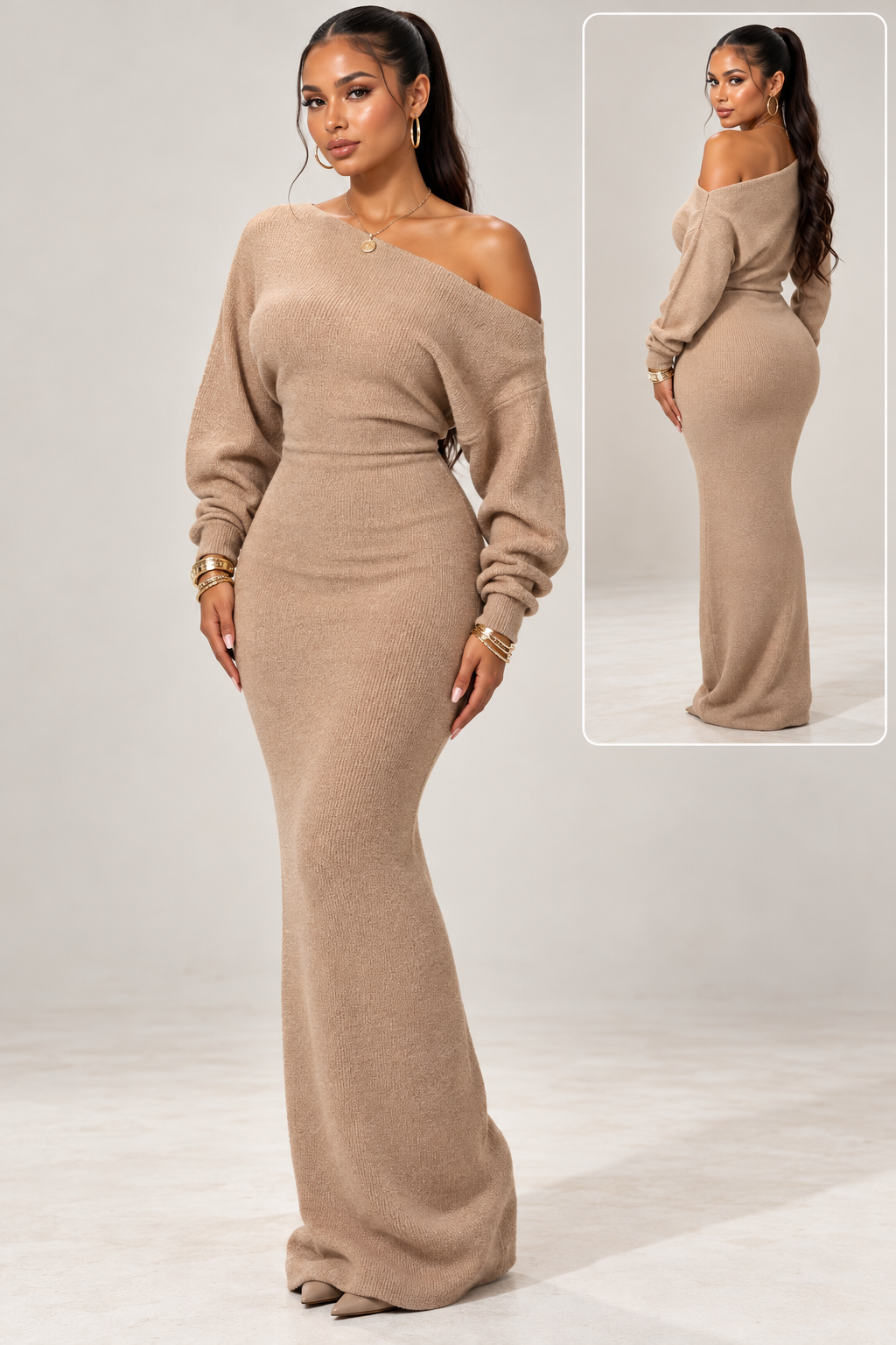 Off-Shoulder Long-Sleeve Knit Dress