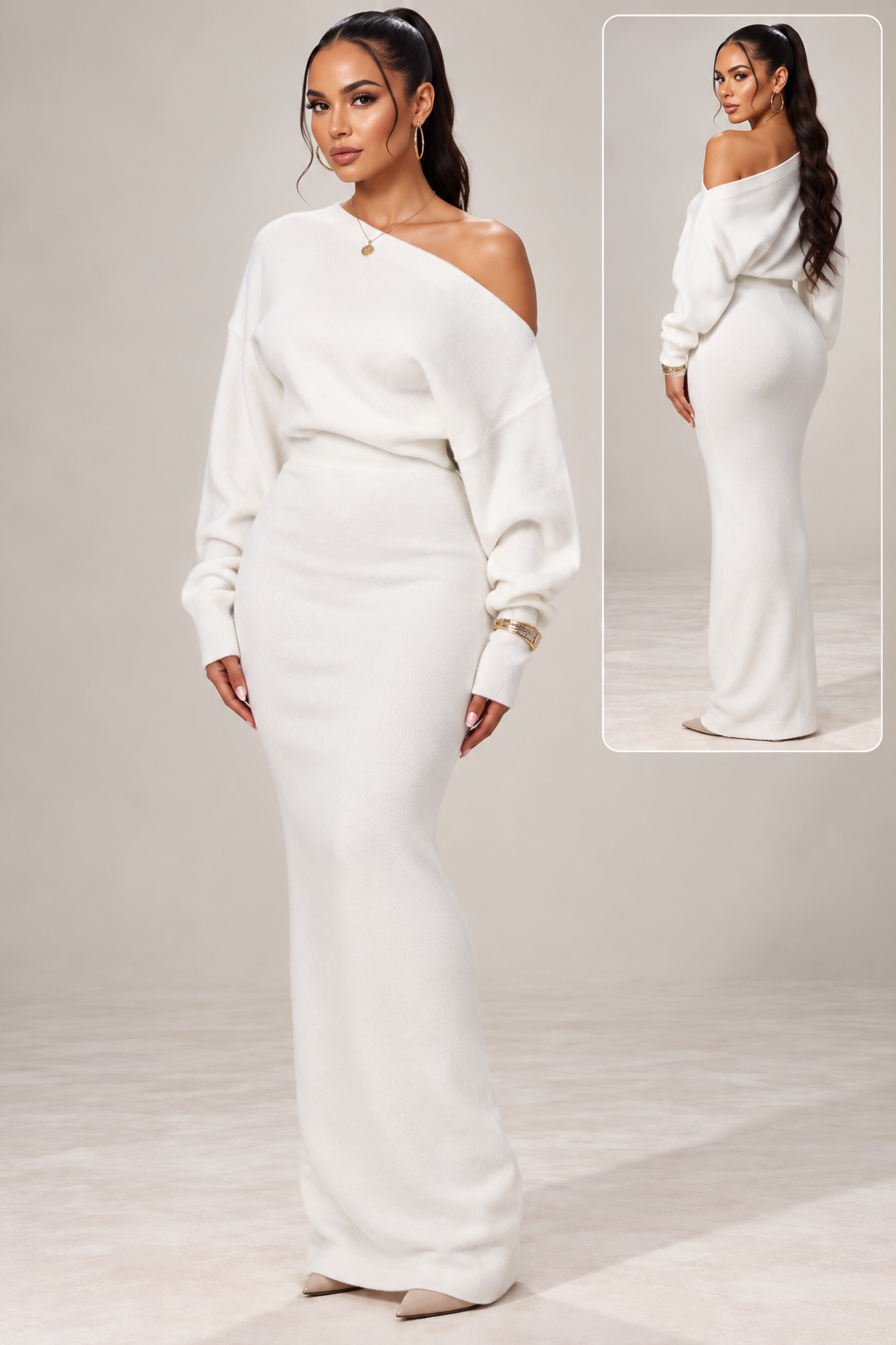 Off-Shoulder Long-Sleeve Knit Dress