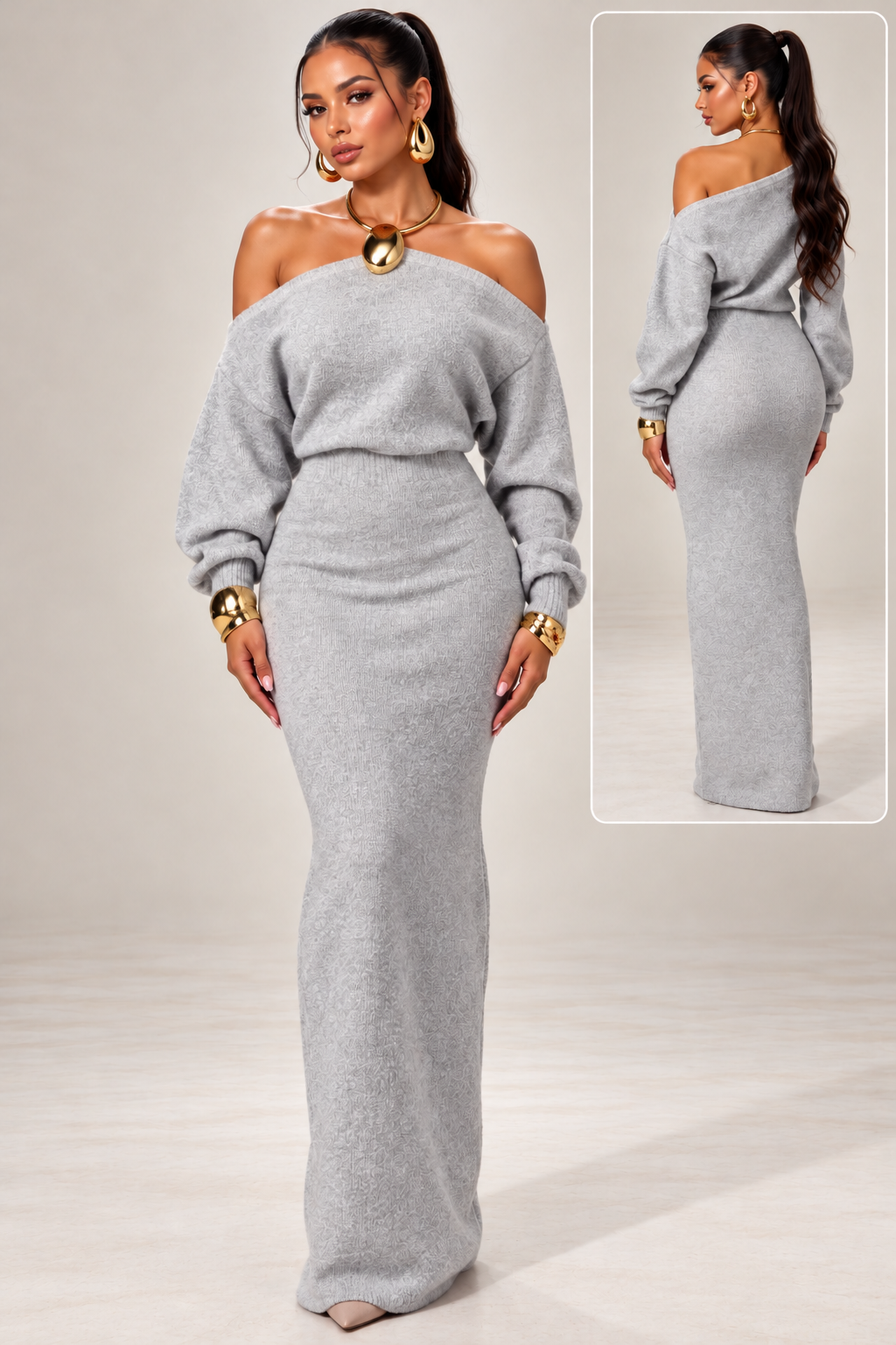 Off-Shoulder Long-Sleeve Knit Dress