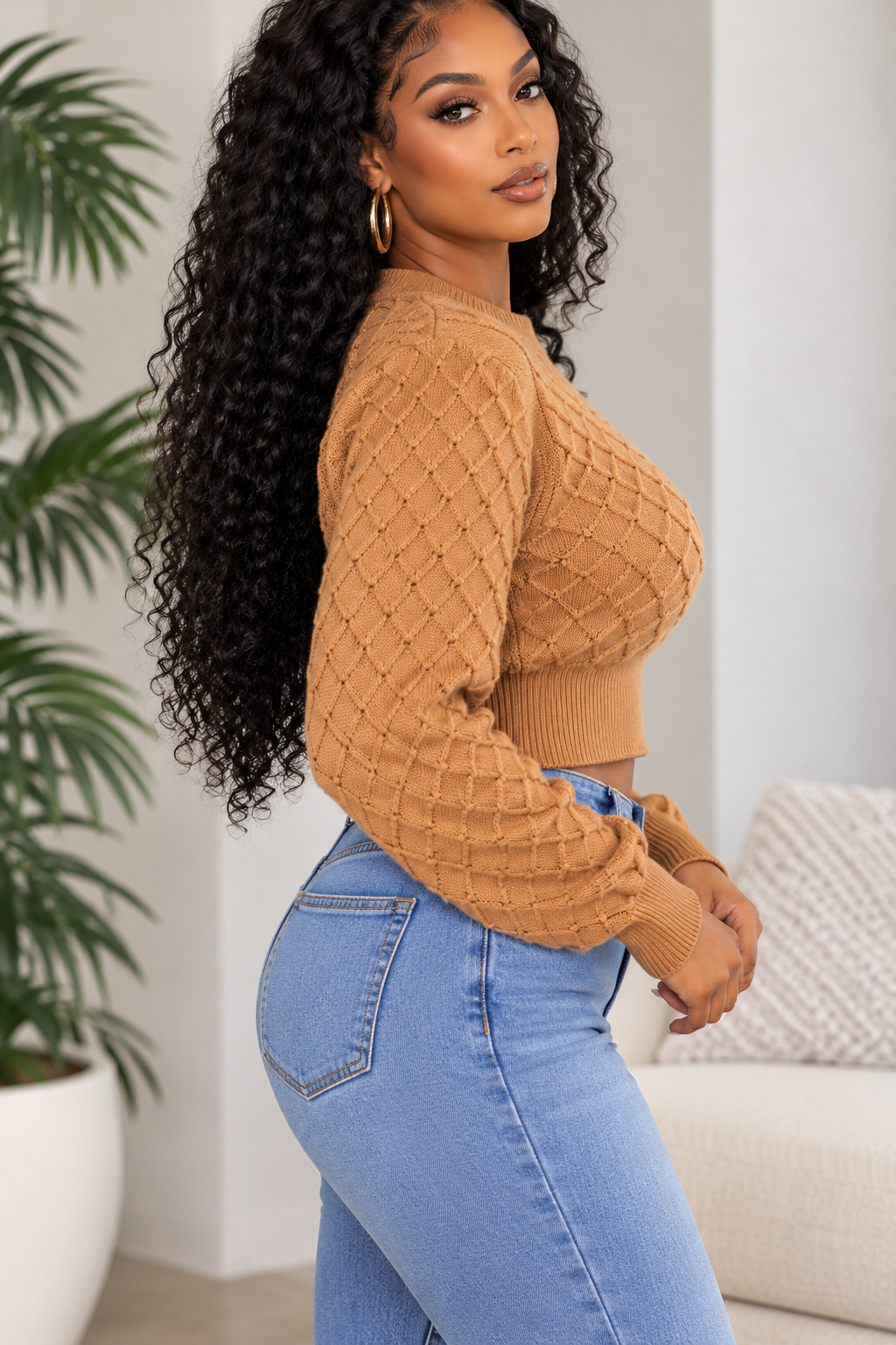3D Diamond Cropped Knit Sweater