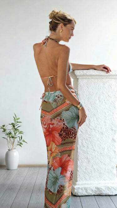 Women's 3-piece tropical print swimsuit set with triangle bikini top and floral leopard maxi skirt coverup – Blutiful