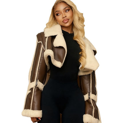 Women's brown PU leather crop moto jacket with oversized shearling fur collar and cuffs – Blutiful